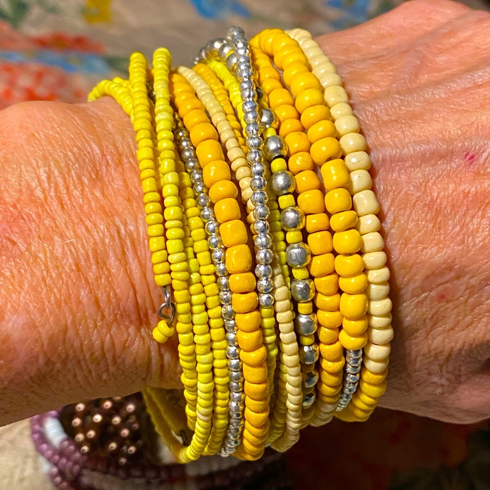 SALE 5/$25 VTG yellow silver wire coil bracelet,wood, metal plastic seed beads
